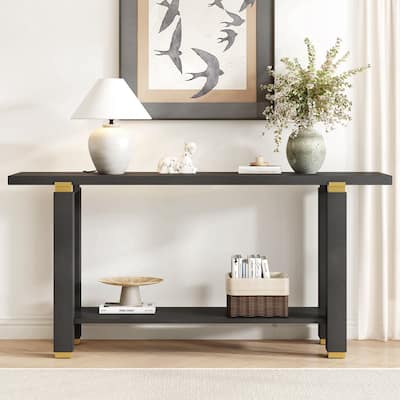 Modern Minimalist Console Table, Solid Wood Entryway Sofa Table with Metal Accents, Built-in Shelf, for Living Room, Hallway