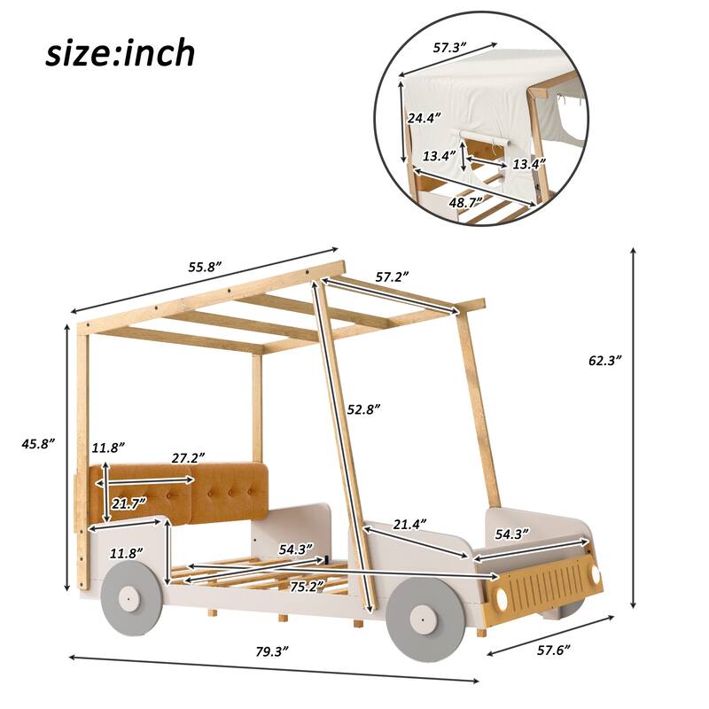 Roomfitters Size Car Canopy Bed, Wood Frame Platform with Upholstered Headboard, Tent Roof Design