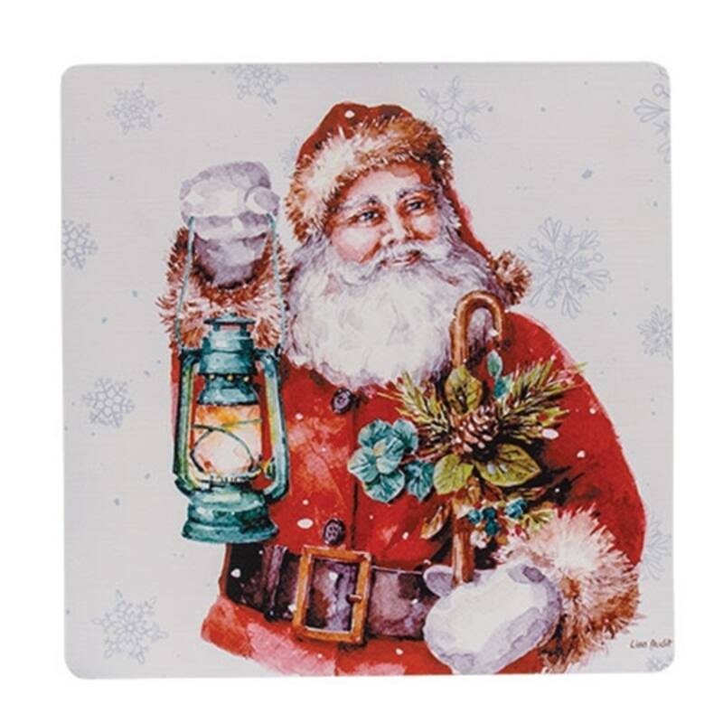 Santa with Lantern Metal Sign Christmas Wall Hanging Red Santa Holiday Decor 12x12 - 11.75” high by 11.75” wide - Red