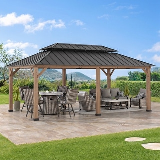 Sunjoy 12x20 ft. Wood Gazebo, Outdoor Patio Steel Hardtop Gazebo, Cedar Framed Wooden Gazebo with 2-tier Metal Roof