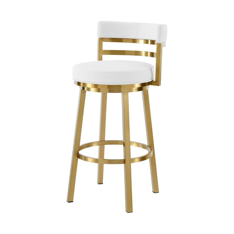 HomeRoots 26" White and Gold Faux Leather and Stainless Steel Low Back Counter Height Swivel Bar Chair