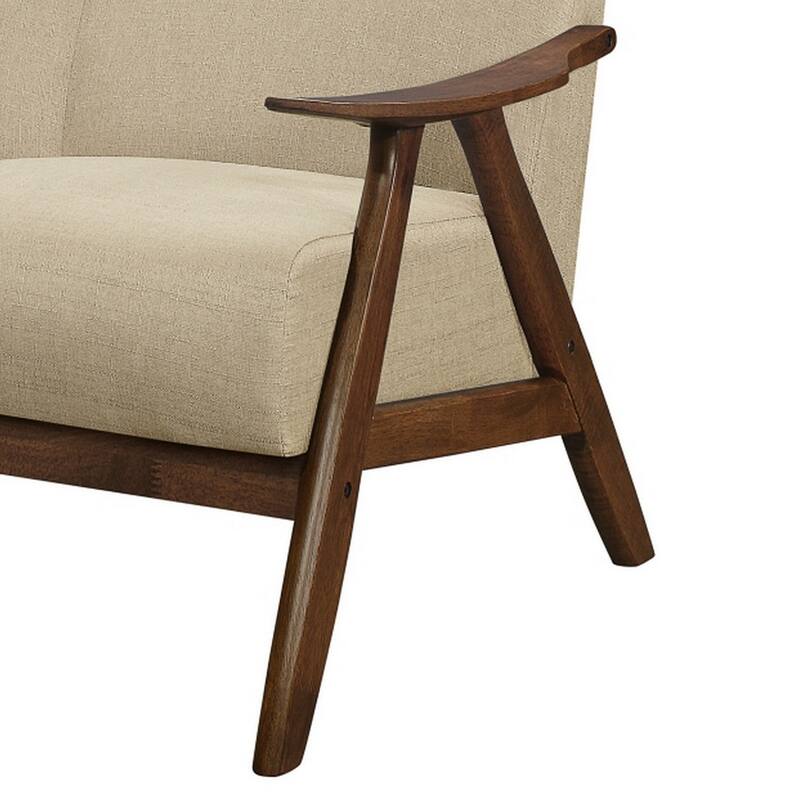 Indy 51 Inch Loveseat, Brown Rubberwood Angled Frame, Textured Beige Fabric