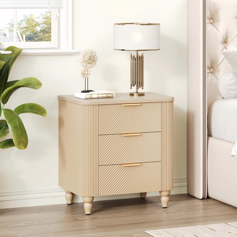 Mid-Century Fluted 3-Drawer Nightstand with Curved Design and Gold Handles