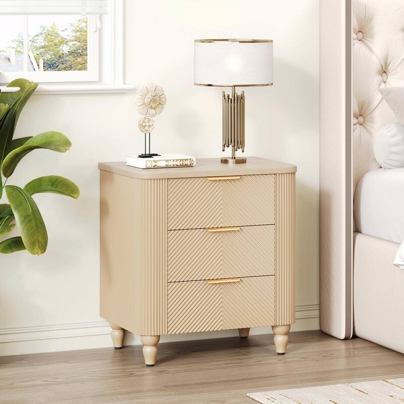Mid-Century Fluted 3-Drawer Nightstand with Curved Design and Gold Handles - Champagne