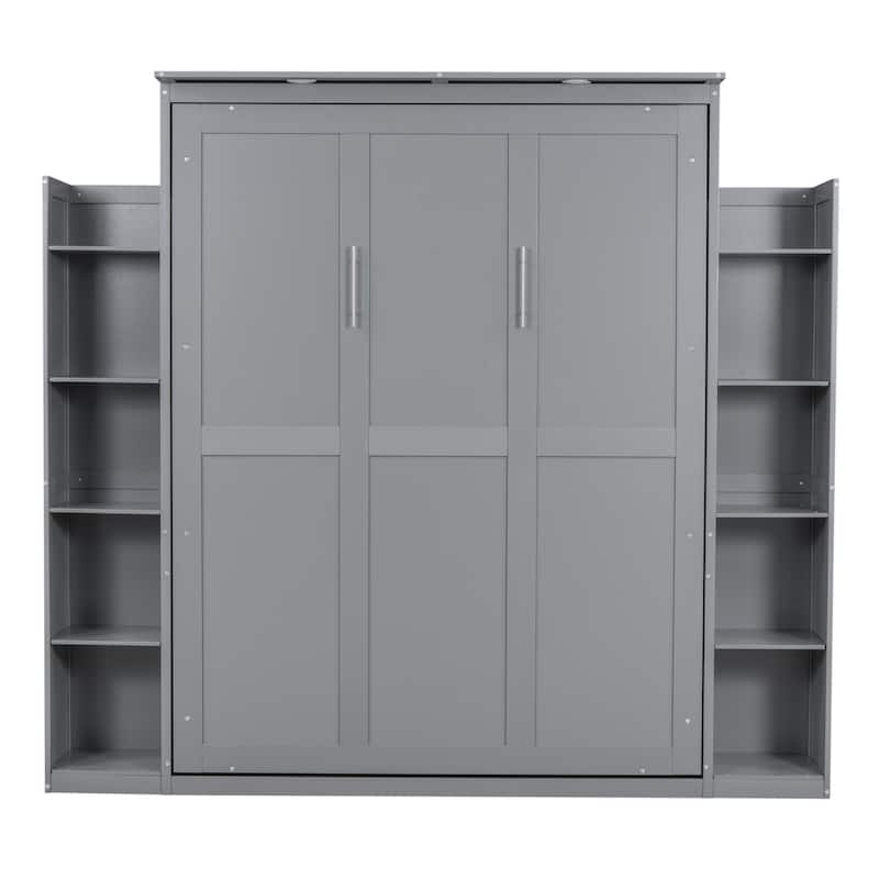 Queen Size Murphy Bed Wall Bed with Shelves and LED Lights