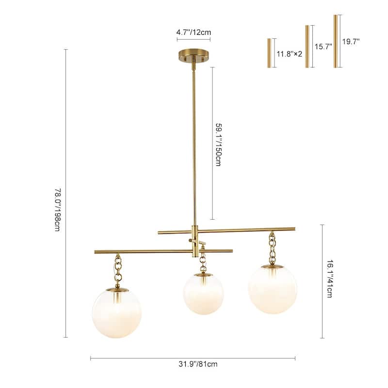 Mid-Century 3-Light White Glass Bubble Linear Sputnik Chandelier
