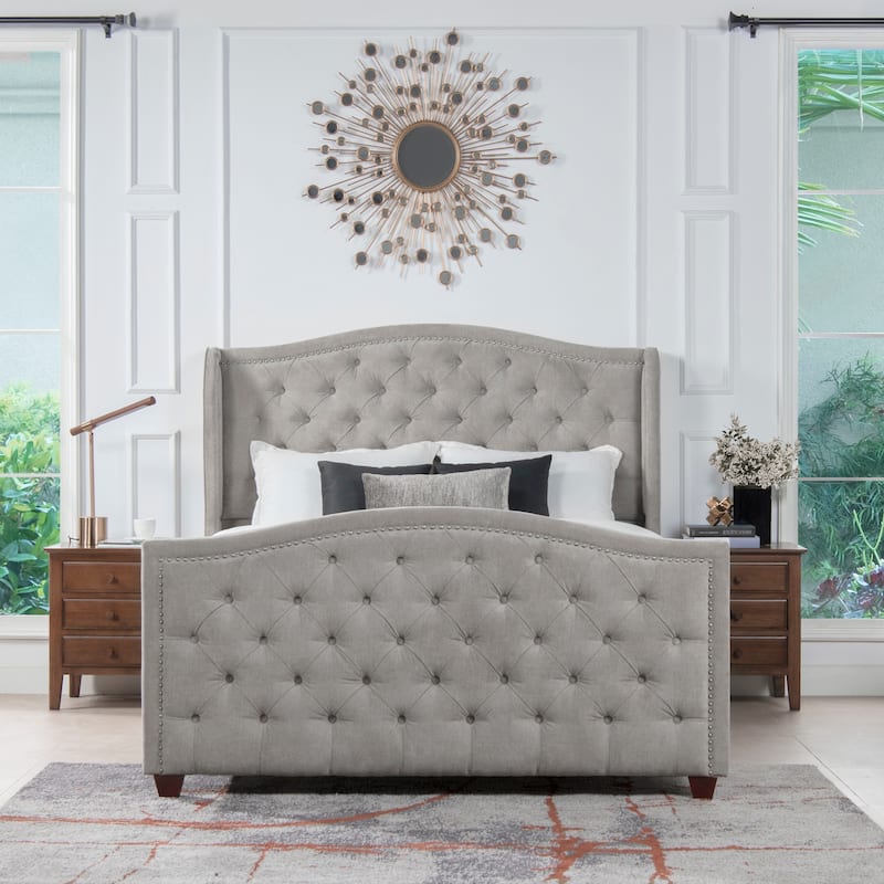 Angelina Upholstered Tall Tufted Wingback Bed Frame - Silver Grey Polyester - Queen