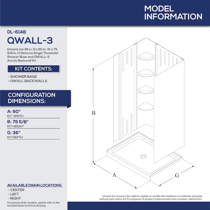 DreamLine 36 in. D x 60 in. W x 75 5/8 in. H Single Threshold Shower Base and Acrylic Backwall Kit - 36" x 60"