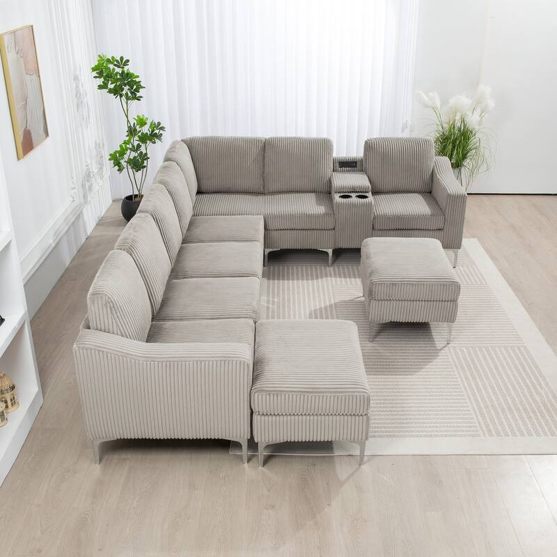 Modular Corduroy Sectional Sofa Convertible 6-Seat Couch with USB Ports, Storage Ottomans and Cup Holder for Living Room