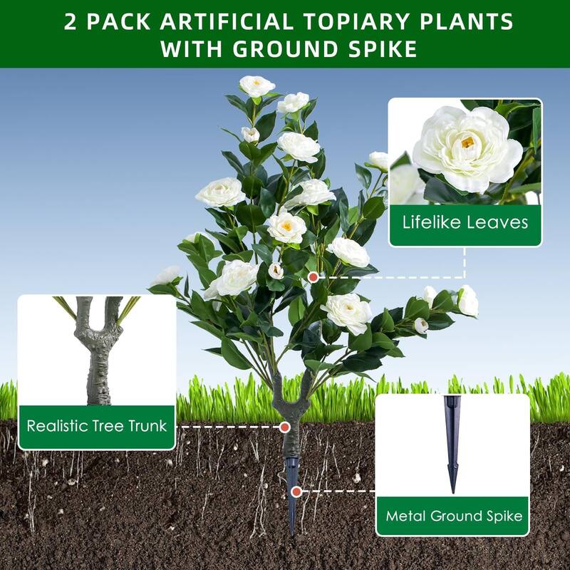 35.4" Artificial Topiary Flower with Ground Spike Set of 2,Artificial Trees with Camellia Flowers