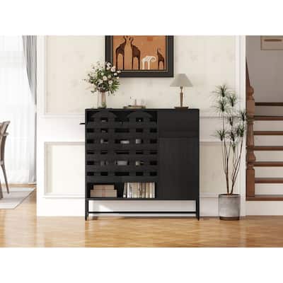 44.49" Black Buffet Cabinet – Woven/Arched Doors, Adjustable Multi-layer Storage, Metal Legs, Woven Door & Drawer.