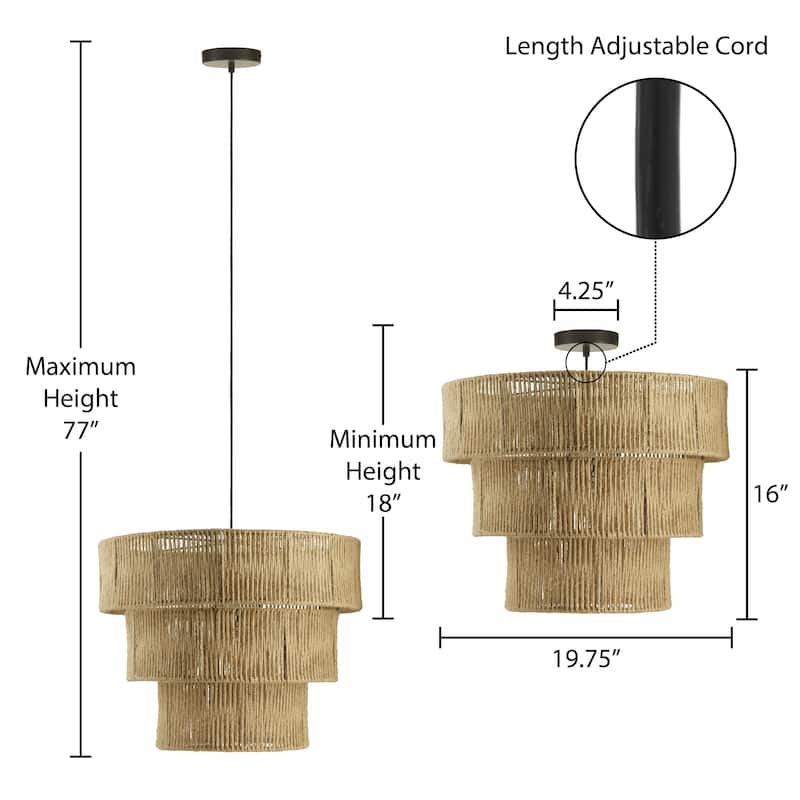Primrose River of Goods Tan and Black Jute and Metal 19.75-Inch Pendant Light with Adjustable Hanging Cord