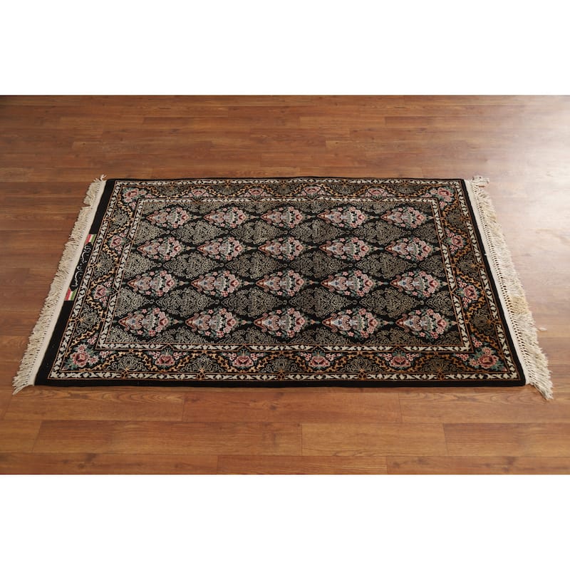 Hand Knotted Oriental 100% Wool Carpet Traditional Floral Black Isfahan Area Rug - 4' 4'' X 2' 9''