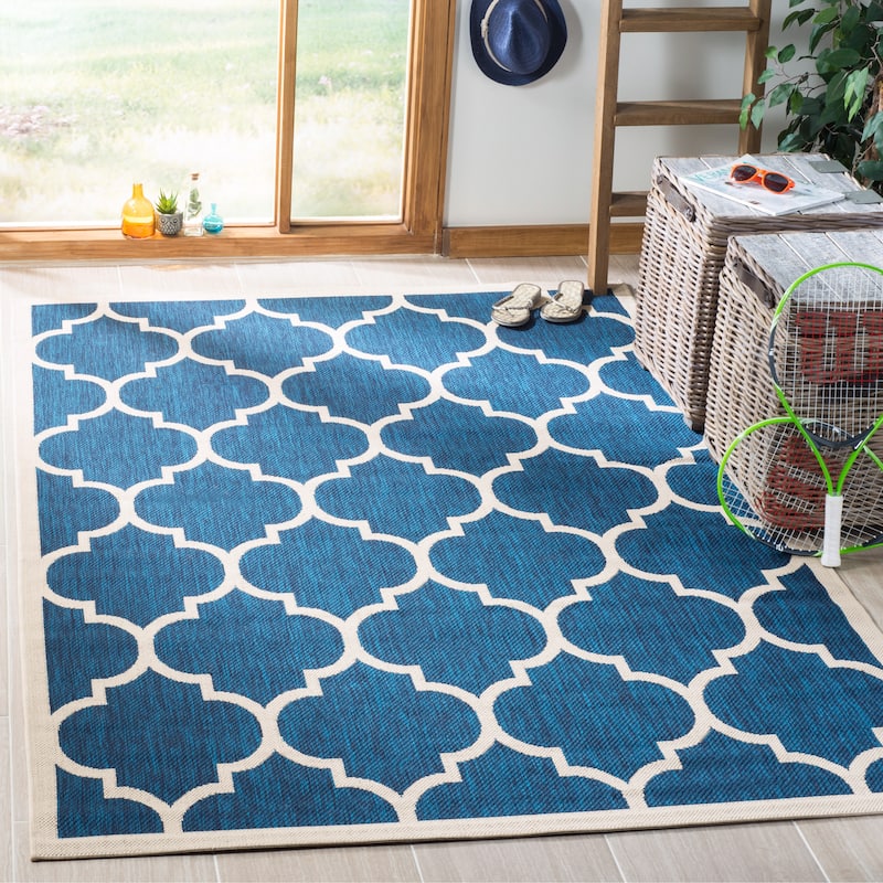 SAFAVIEH Courtyard Kathy Indoor/ Outdoor Waterproof Patio Backyard Rug - 4' x 5'7" - Navy/Beige