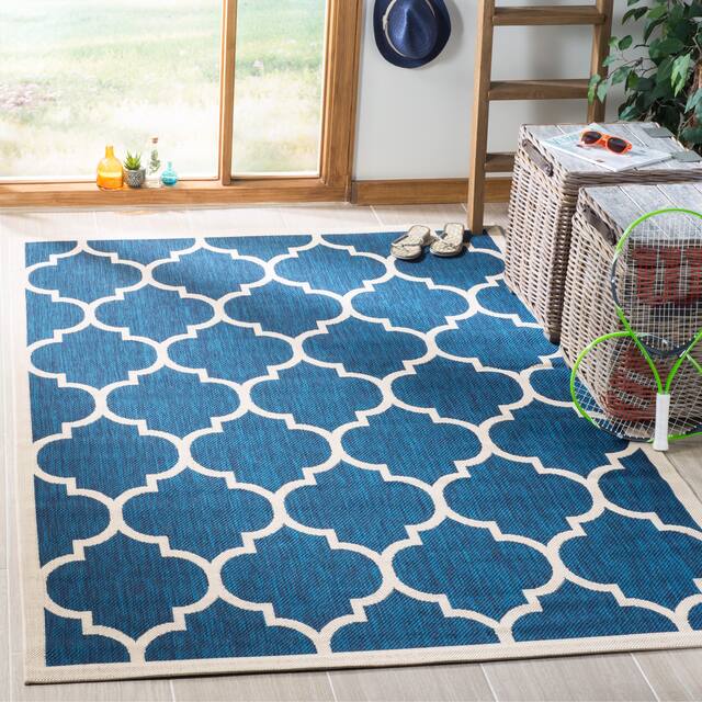 SAFAVIEH Courtyard Kathy Indoor/ Outdoor Waterproof Patio Backyard Rug - 2'7" x 5' - Navy/Beige