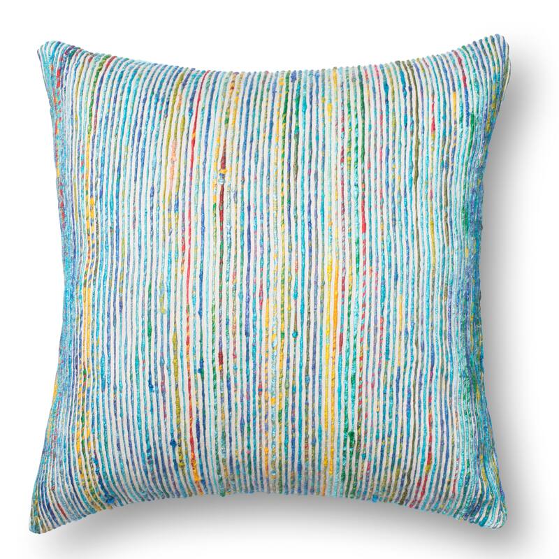 Recycled Sari Silk Stripe Square 22-inch Throw Pillow or Pillow Cover - Feather - Aqua