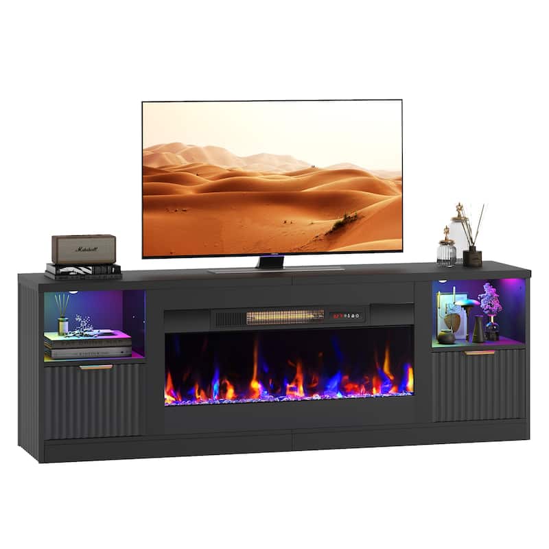 Bestier 71 in. Fluted Glossy White TV Stand with Electric Fireplace Fits TV Up to 80 in. Entertainment Center with Cabinet