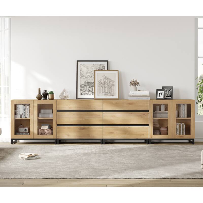 4 in 1 Multifunctional Dresser with Glass Doors & 6 Drawers, Adjustable Shelf Metal Base Storage Solution for Bedroom Closet