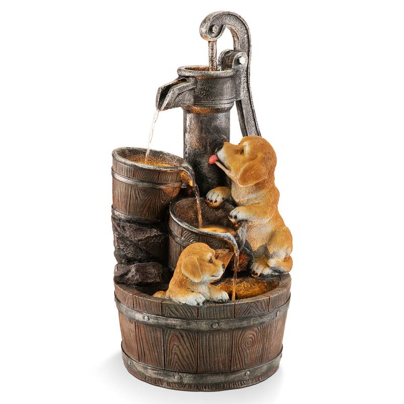 Glitzhome 23.75"H Cute Dog Playing Around the Water Pump Polyresin Outdoor Fountain with Pump and LED Light