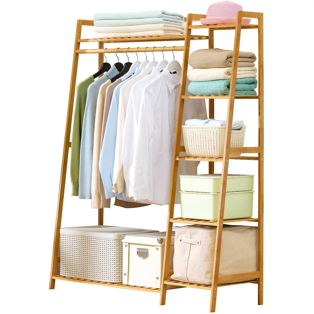 Bamboo Clothing Garment Rack,Freestanding Clothes Coat Hanger,Closet Organizer w/Shoe Rack,Multi-tiered Wardrobe Storage Shelves