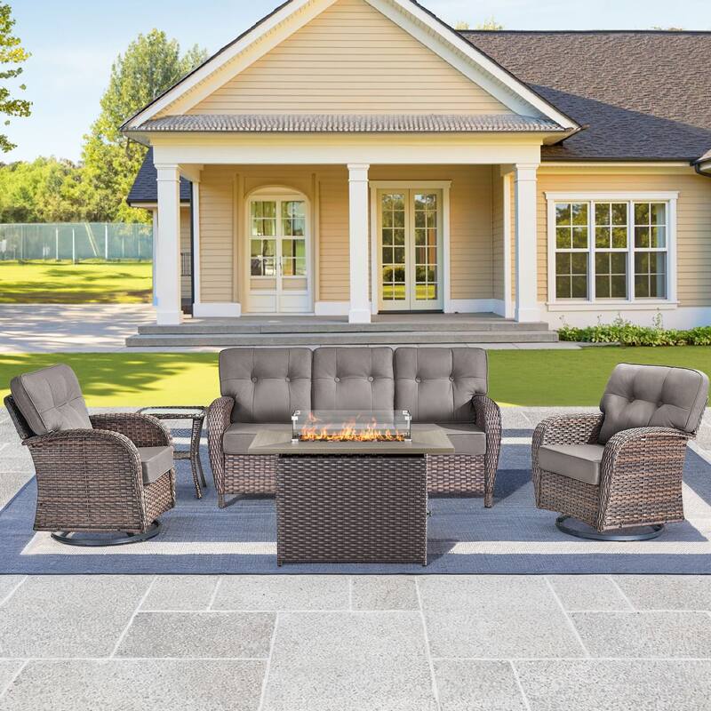 5 Pieces Outdoor Sofa Chair with 41" Fire Table - Brown Wicker & Red Cushion