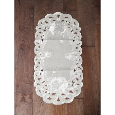 Silver Rose Embroidered Cutwork Rectangular Table Runner, 13 by 26 inch Table Linen Decor, Water Resistance - 13 x 26"