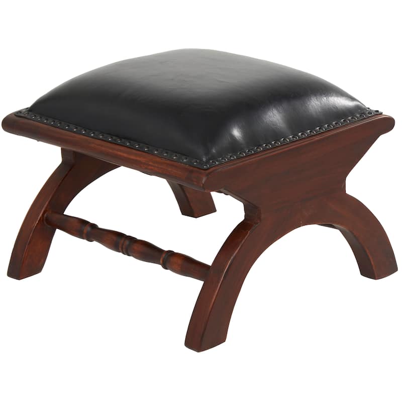 Leather Handmade Accent Chair with Ottoman with Scrolled Wood Arms and Arched Legs - Brown or Black - Roche River Decor