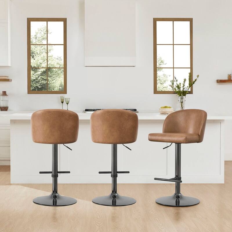 Spruce & Spring Charlotte Modern Adjustable Swivel Bar Stools Set with Arched Footrest - Set of 3 - Cognac-Sleek Black