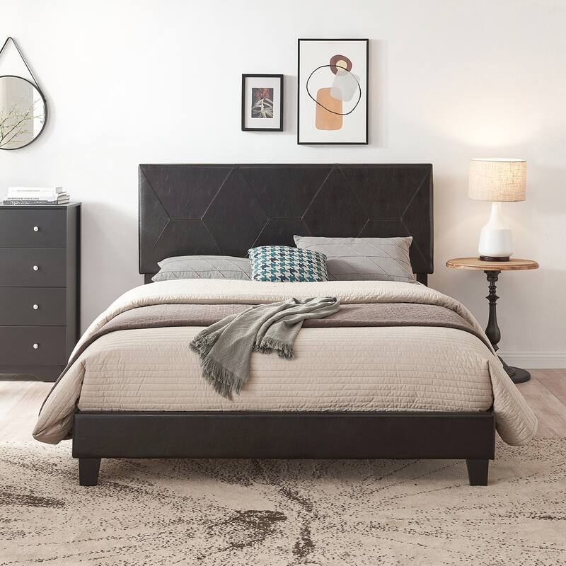Queen Size Upholstered Platform Bed Frame - Black PU - Queen