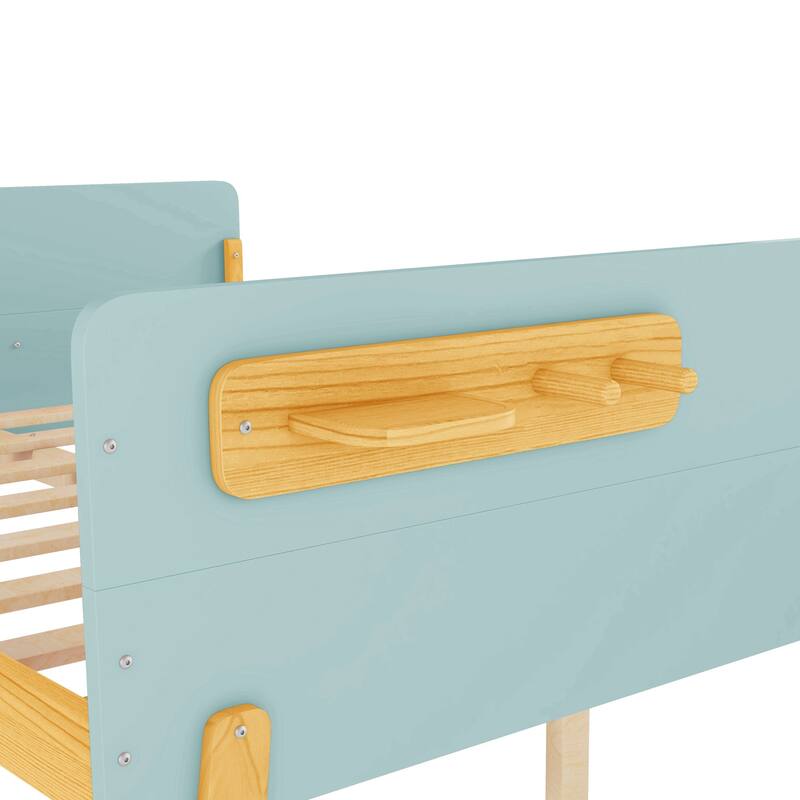 Kids Wood Platform Bed with Guardrails, Bottle Holder and 2 Hanging Rod, Convertible Toddler Daybed, Low Profile Design Frame