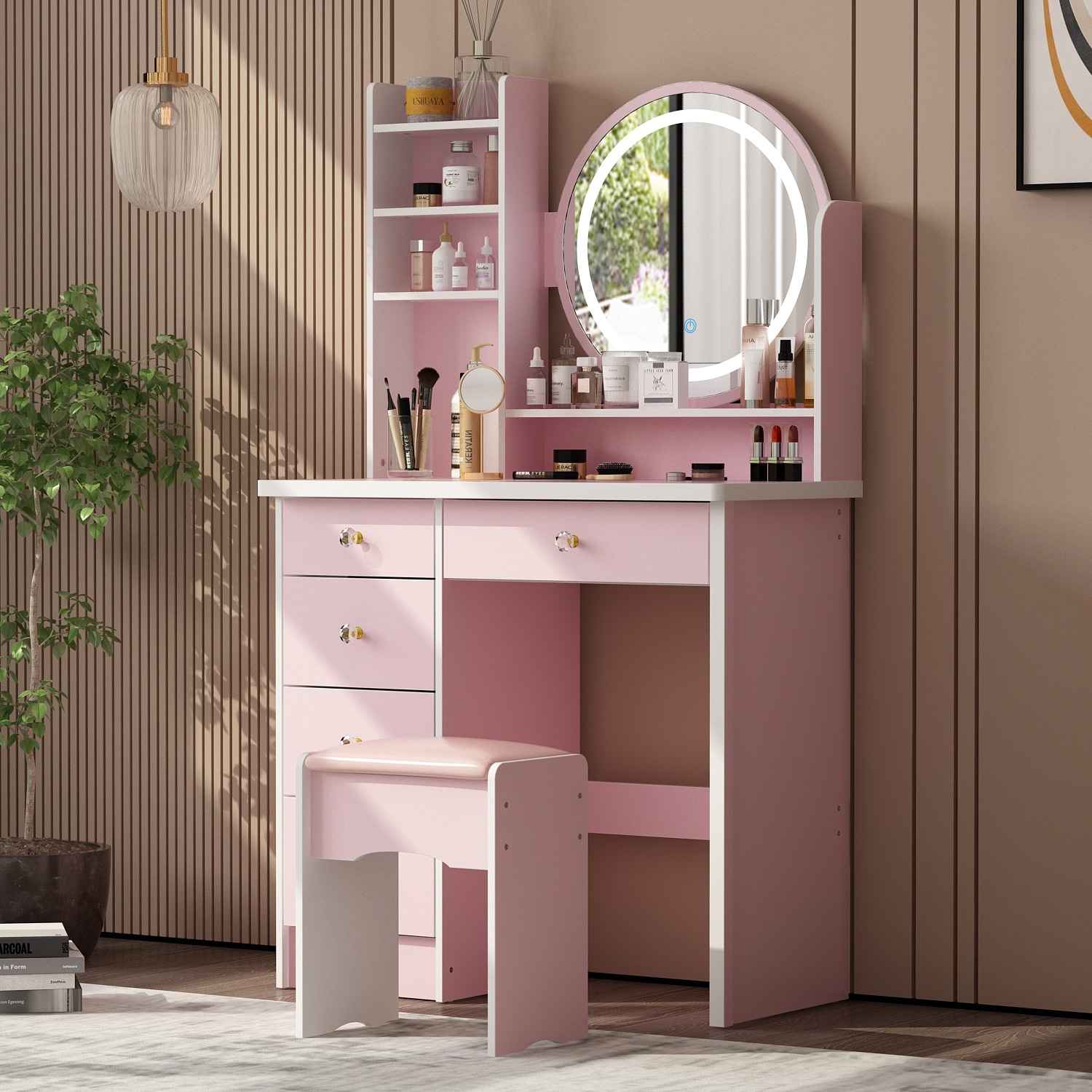 pink mirror dresser ROMSHINE Vanity with and Lights, Vanity Mirror with Lights Desk and Chair, Dressing Table with Lighted Mirror in 3 Color Mode & 5 Drawers for Girls Bedroom, 15.7" D 5 drawers KELLIE Pink Velvet 40" Wide