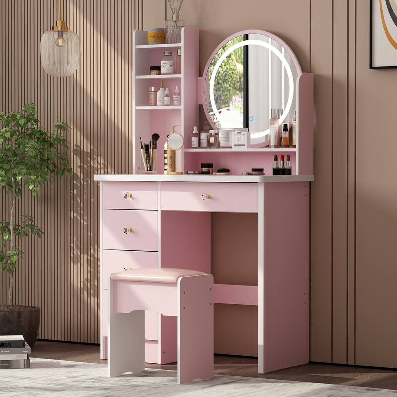 Timechee 31.5" Wide Makeup Vanity Set with Stool, Mirror,3 Color Light - 31.5"W