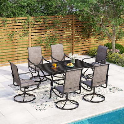 MAISON ARTS Outdoor Dining Set, 6 Patio Swivel Chairs and 60"x 38" Rectangule Dining Table with Umbrella Hole