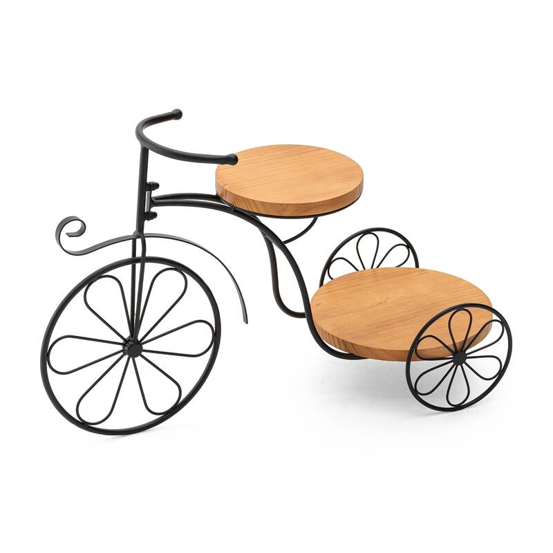 Glitzhome 24"L Spring Metal Tricycle Planter Stands Flower Pot Cart with Wood Trays