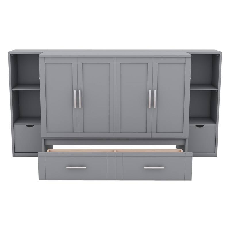 Murphy Bed with Shelves, Drawers and USB Ports,Gray