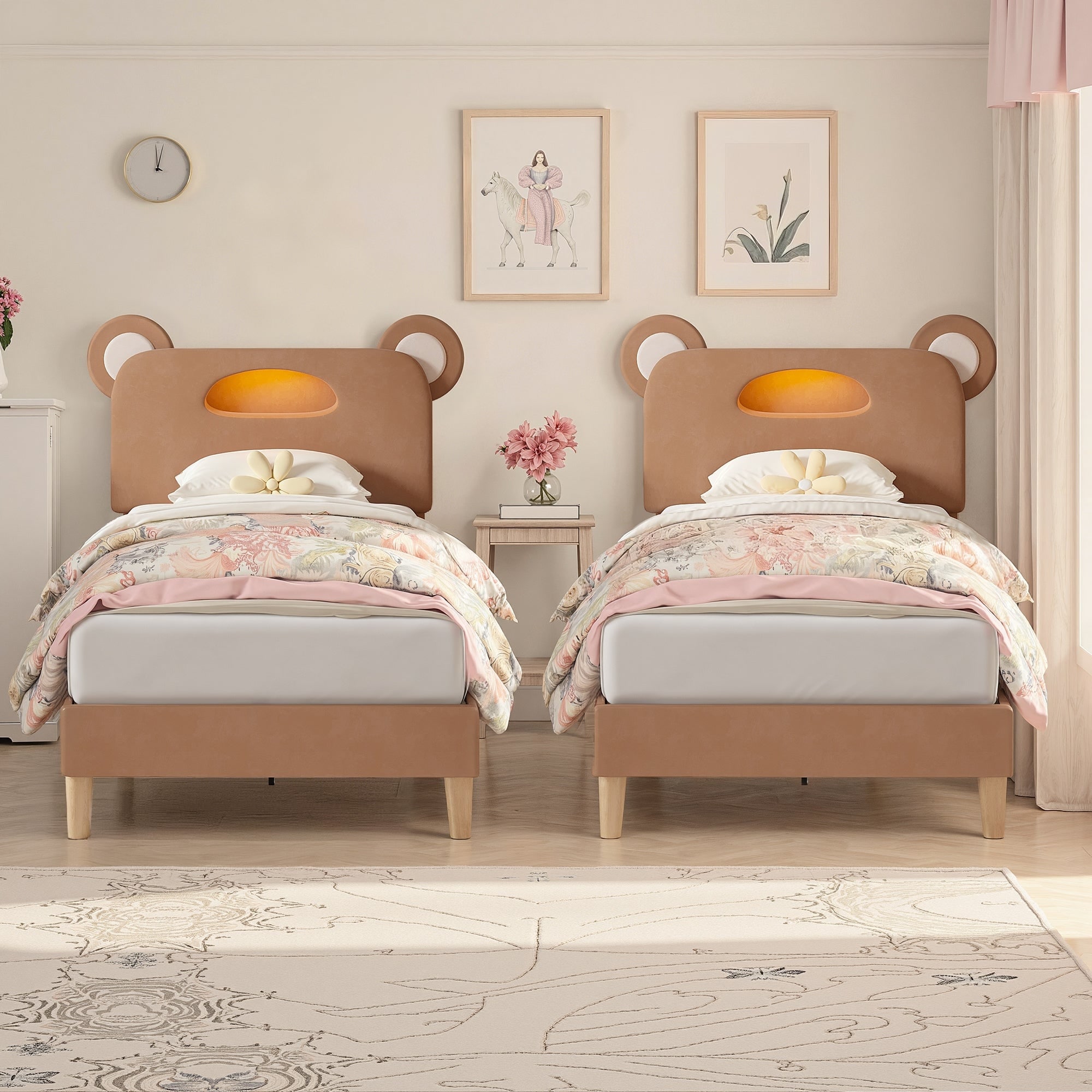 Javlergo Set of 2 Twin Size Bear Kids Beds with LED Lights Adjustable Headboard Noise-Free Frame Kids Bed Set