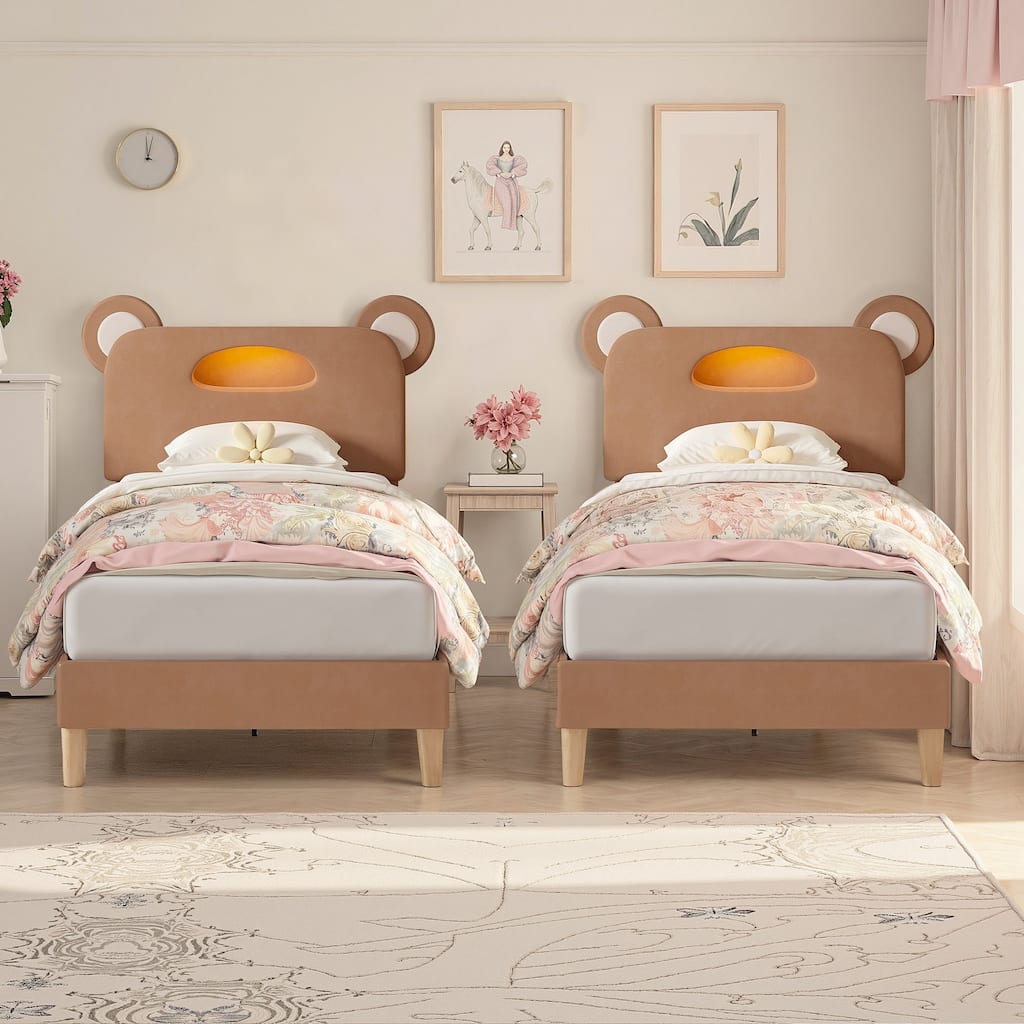Javlergo Twin Size Upholstered Platform Bed Frame with Bear Ears Headboard and Light, Kids Bed Set of 2