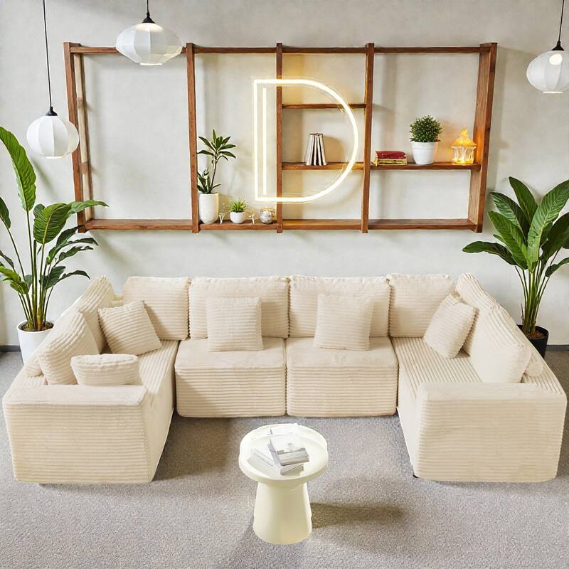 135.5 Inch U Shaped Modular Sectional Sofa, 6 Seat Corduroy Chaise Couch with Reversible Layout - Beige