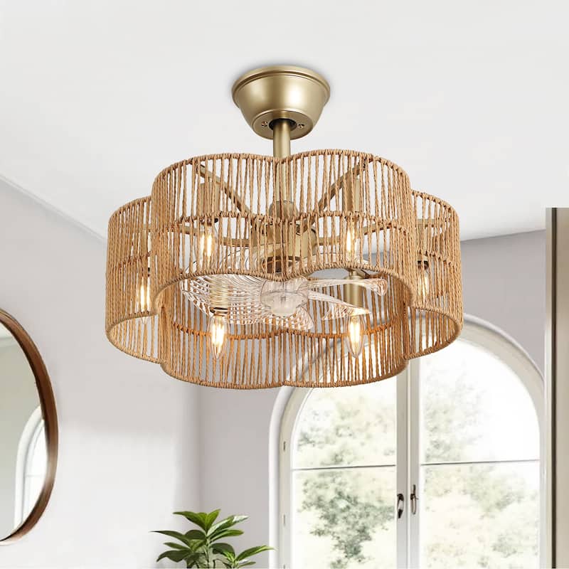 GetLedel 19.7" Woven Scalloped Rattan Ceiling Fan with Remote and Light