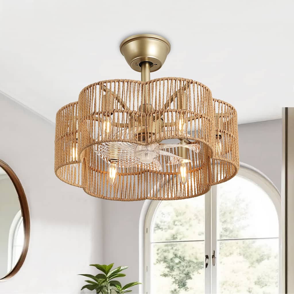 GetLedel 19.7" Woven Scalloped Rattan Ceiling Fan with Remote and Light