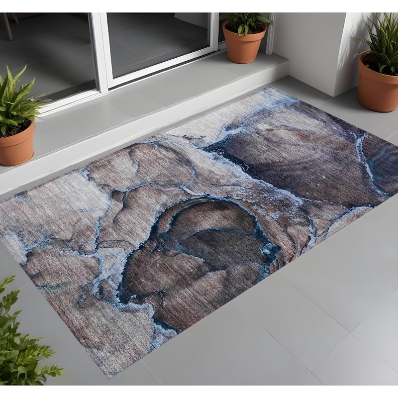 Fami Contemporary Abstract Weather Resistant Modern Chic Runner Outdoor Rug - 3' x 5' - Blue
