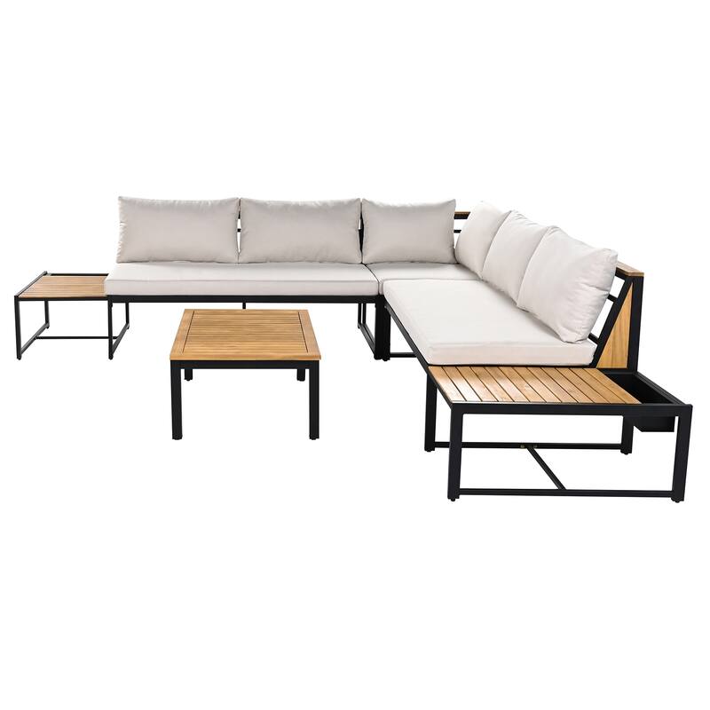 4-Piece Outdoor Patio Iron Sectional Sofa Set with Coffee Table and Side Storage Shelf