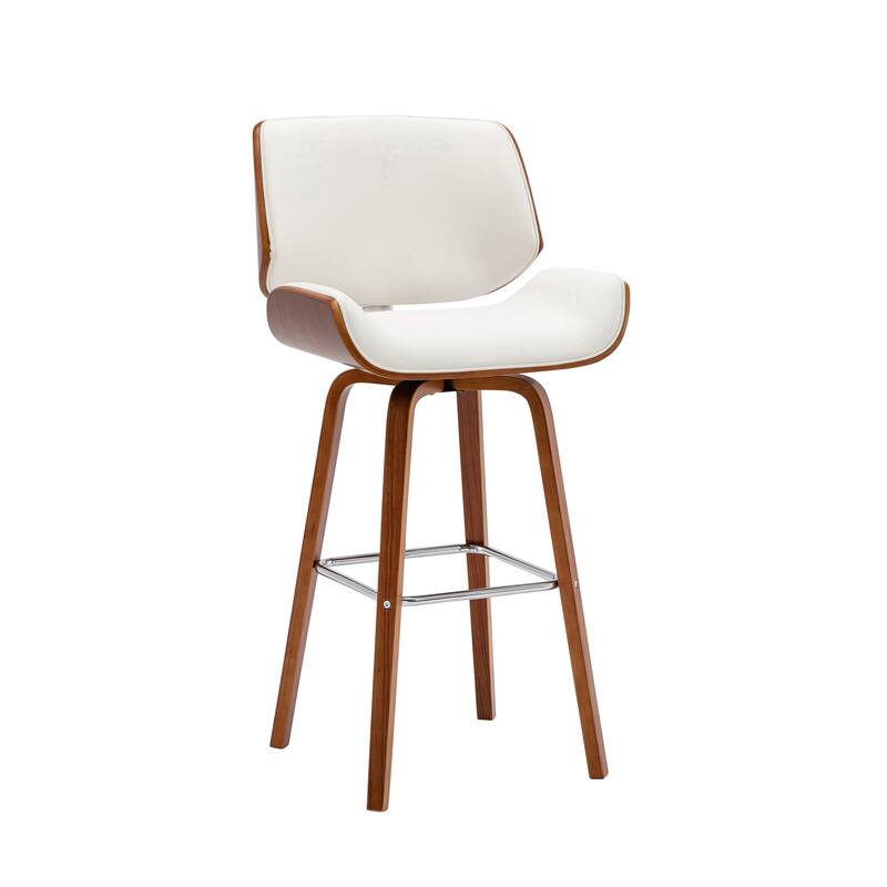 Porthos Home Oma Swivel Bar Stool, PU Leather, Wooden Legs with Footrest - White
