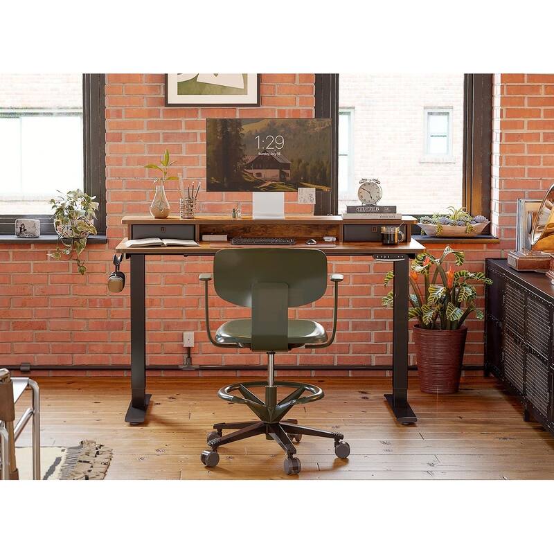 FEZIBO Height Adjustable Electric Standing Desk with Double Drawer, Stand Up Desk with Storage Shelf, Sit Stand Desk