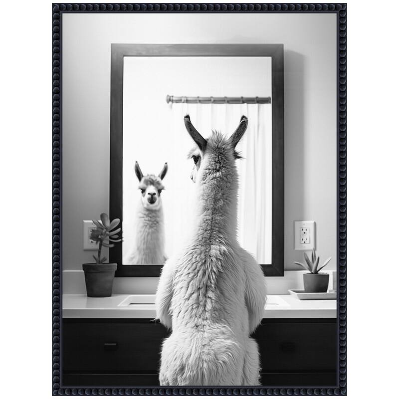 Kate and Laurel Sylvie Llama Bathroom Art Mirror Black and White Framed Canvas by The Creative Bunch Studio