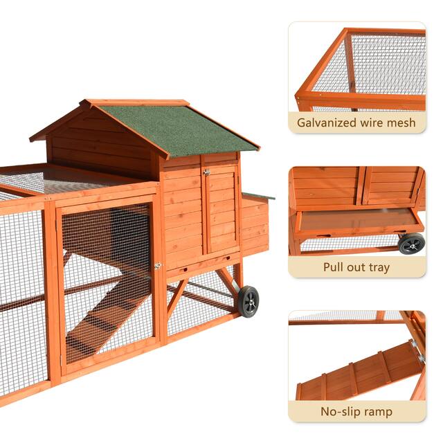 Kinpaw Chicken Coop 97" Outdoor Hen House with Wheels Small Animal Cage Nesting Box W/ Waterproof Roof Removable Pull Out Tray