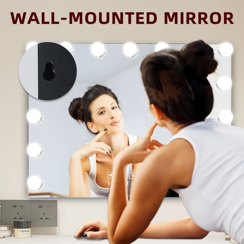 VANITII Large Hollywood Vanity Makeup Mirror with 15 LED Bulbs 3 Color Lights Bluetooth Tabletop Wall Mount Metal White