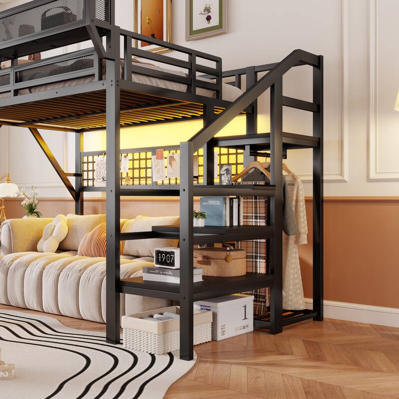 Full / Queen Metal Loft Bed with Stairs Light Storage Wardrobe for Kids Teens Adults