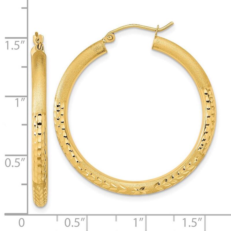 Curata 14k Yellow Gold Satin Half Diamond Cut 36x3mm Classic Hoop Earrings
