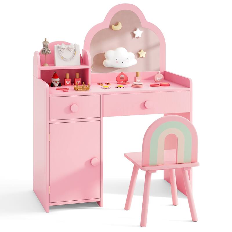 Children's Vanity Table and Stool Set with Mirror and Drawers Cabinet for Bedroom or Playroom - 31.5" x 16" x 38.5" (L x W x H)